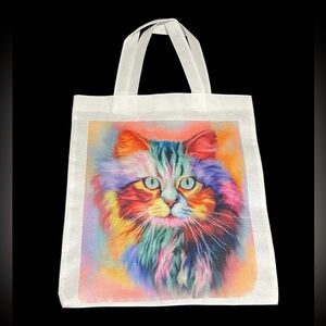 Handmade Rainbow cat white tote bag